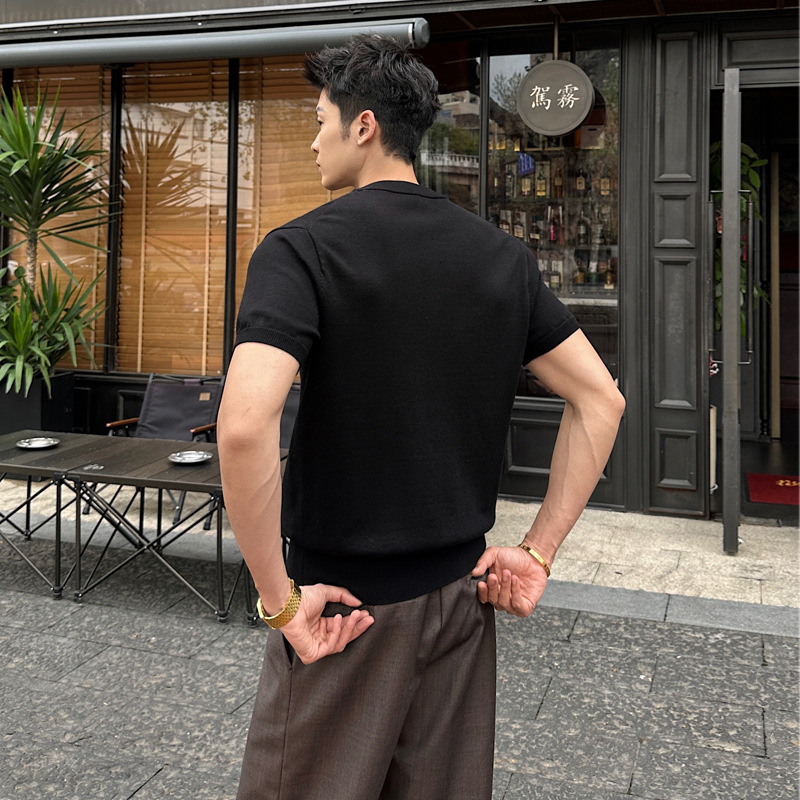 亨利領素色休閒針織夏季舒適百搭潮流短T