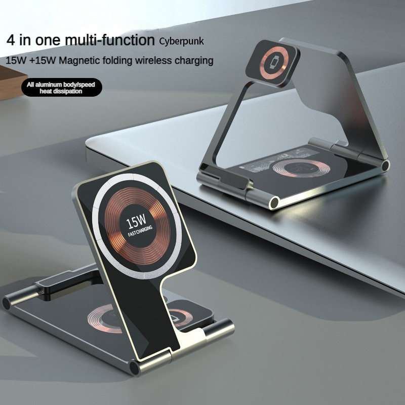 Newest 3 in 1 Transparent Phone Magnetic Wireless Charger 15W Foldable Desktop Smart Phone Charger With Phone Holder