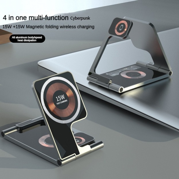 Newest 3 in 1 Transparent Phone Magnetic Wireless Charger 15W Foldable Desktop Smart Phone Charger With Phone Holder