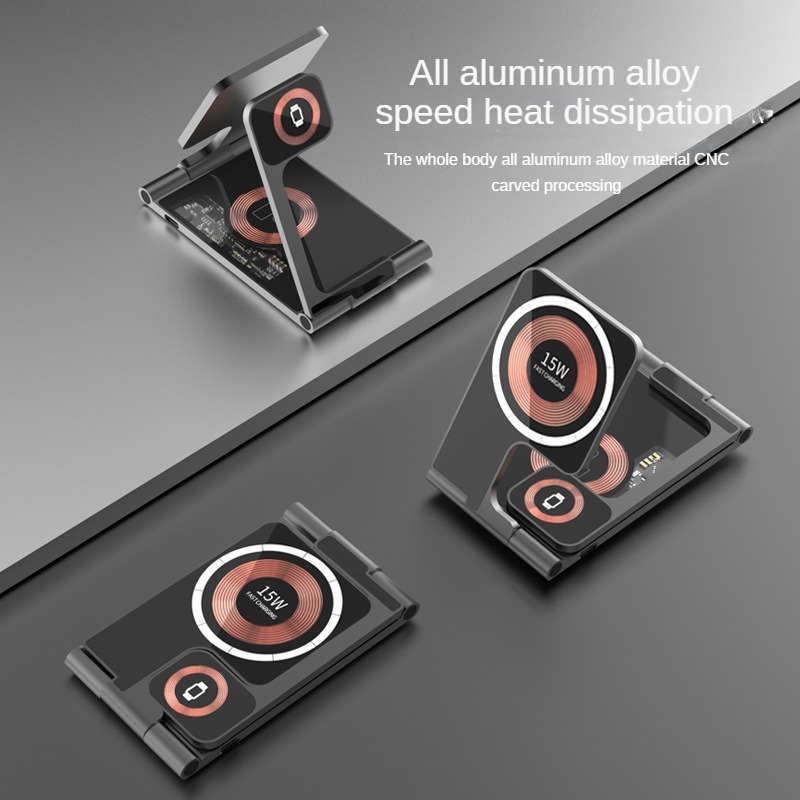 Newest 3 in 1 Transparent Phone Magnetic Wireless Charger 15W Foldable Desktop Smart Phone Charger With Phone Holder