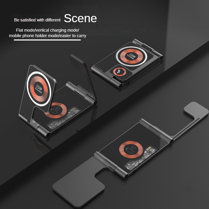 Newest 3 in 1 Transparent Phone Magnetic Wireless Charger 15W Foldable Desktop Smart Phone Charger With Phone Holder