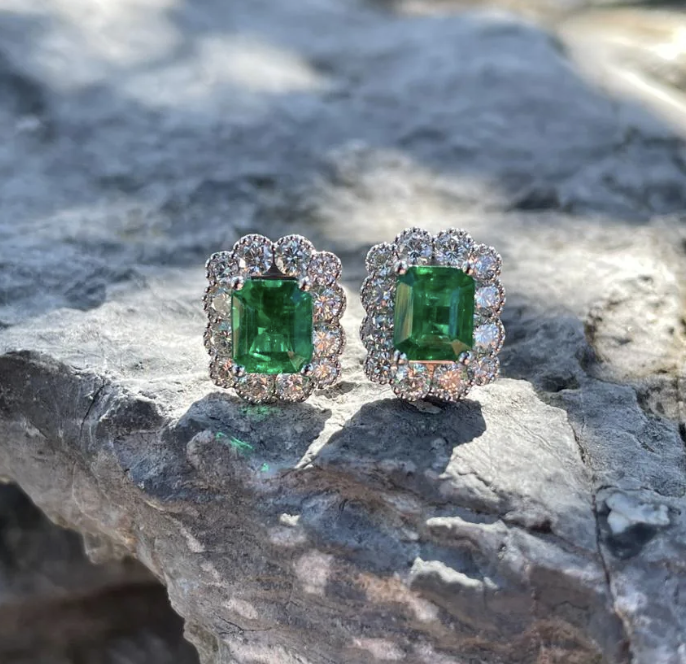 Emerald Diamond Flora Halo Earrings