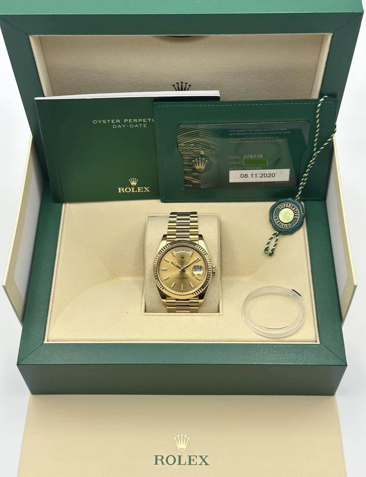 2020 ロレックス デイデイト 40mm 228238 プレジデンシャル シャンパンダイヤル