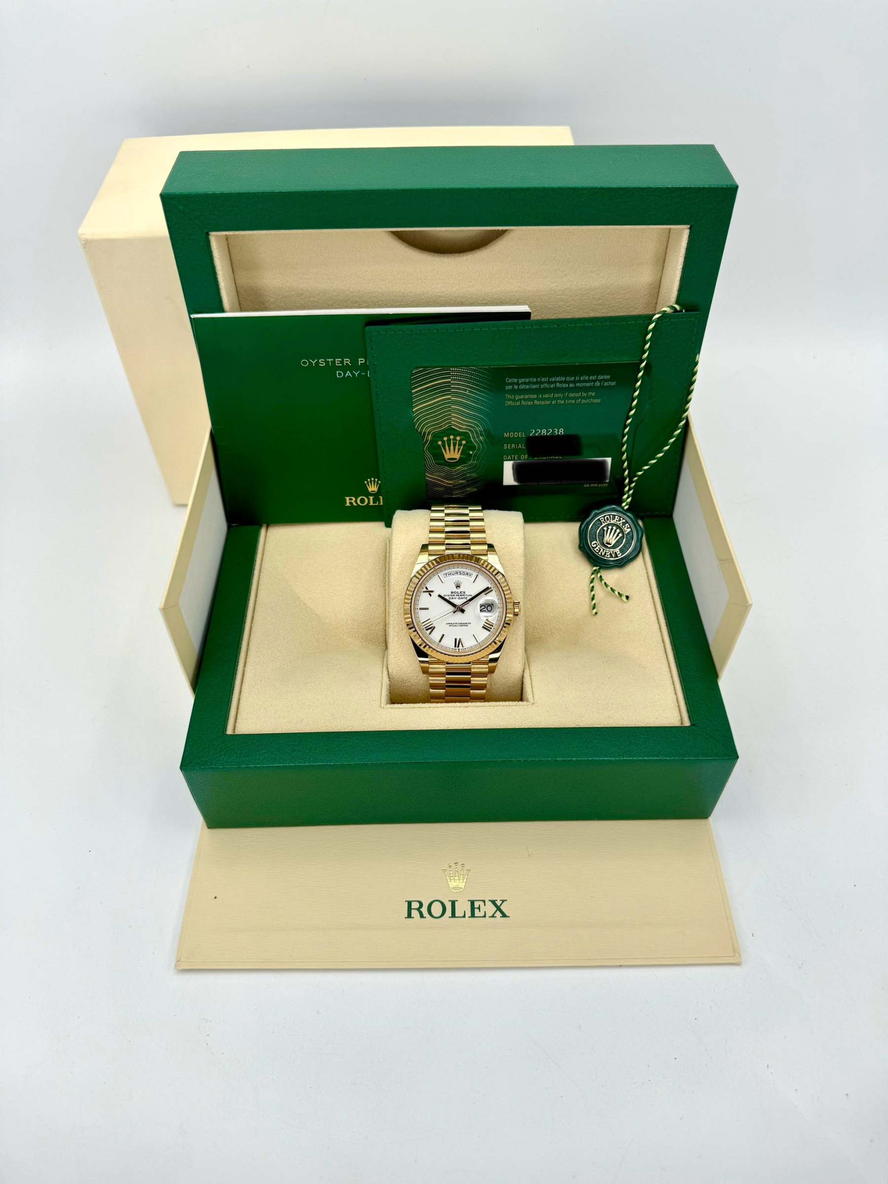 2022 ロレックス デイデイト 40mm 228238 プレジデンシャル ホワイトダイヤル