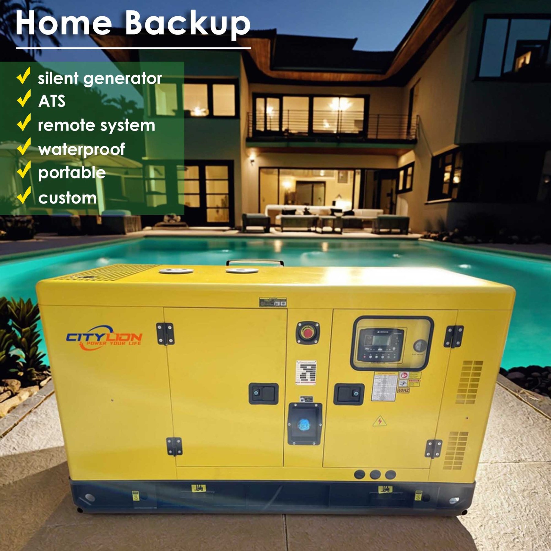 OEM/ODM Home Backup Portable Genset, 3/Single Phase 12kW 16kW 20kW 24kW 32kW 40kW Water Cooled Silent Diesel Generator-CITYLION  |  power your life