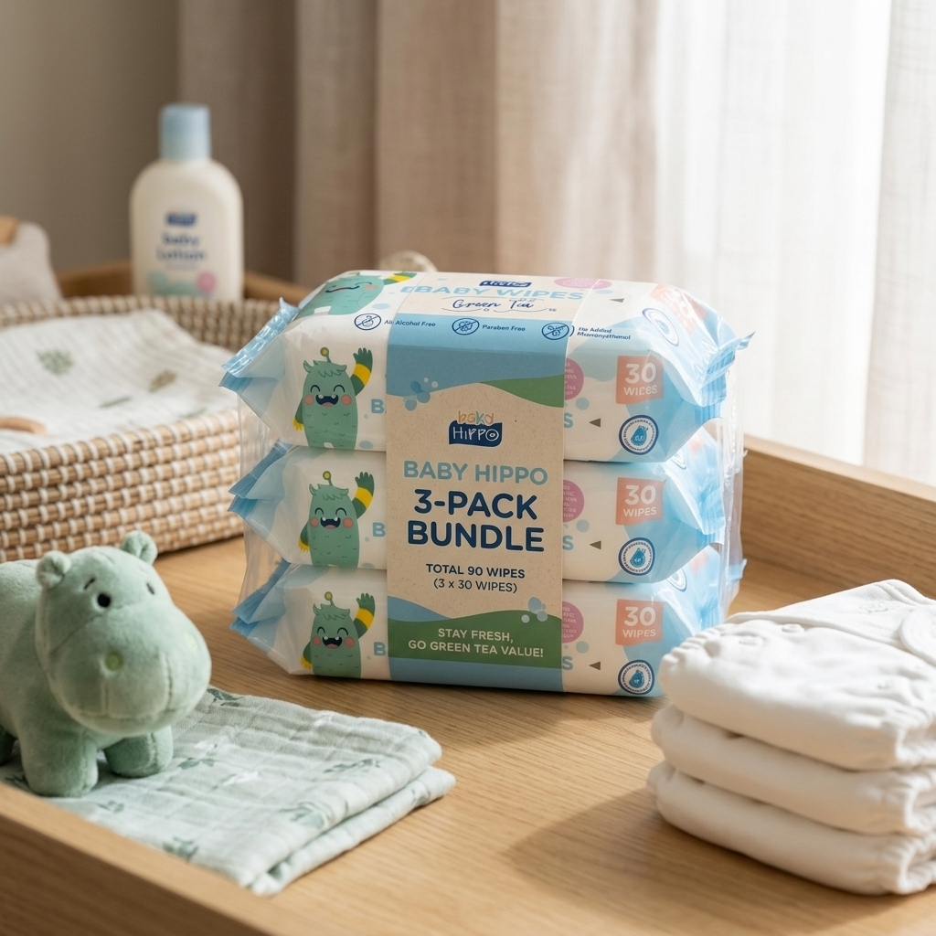 BABY HIPPO BABY WIPES 3X30S GREEN TEA