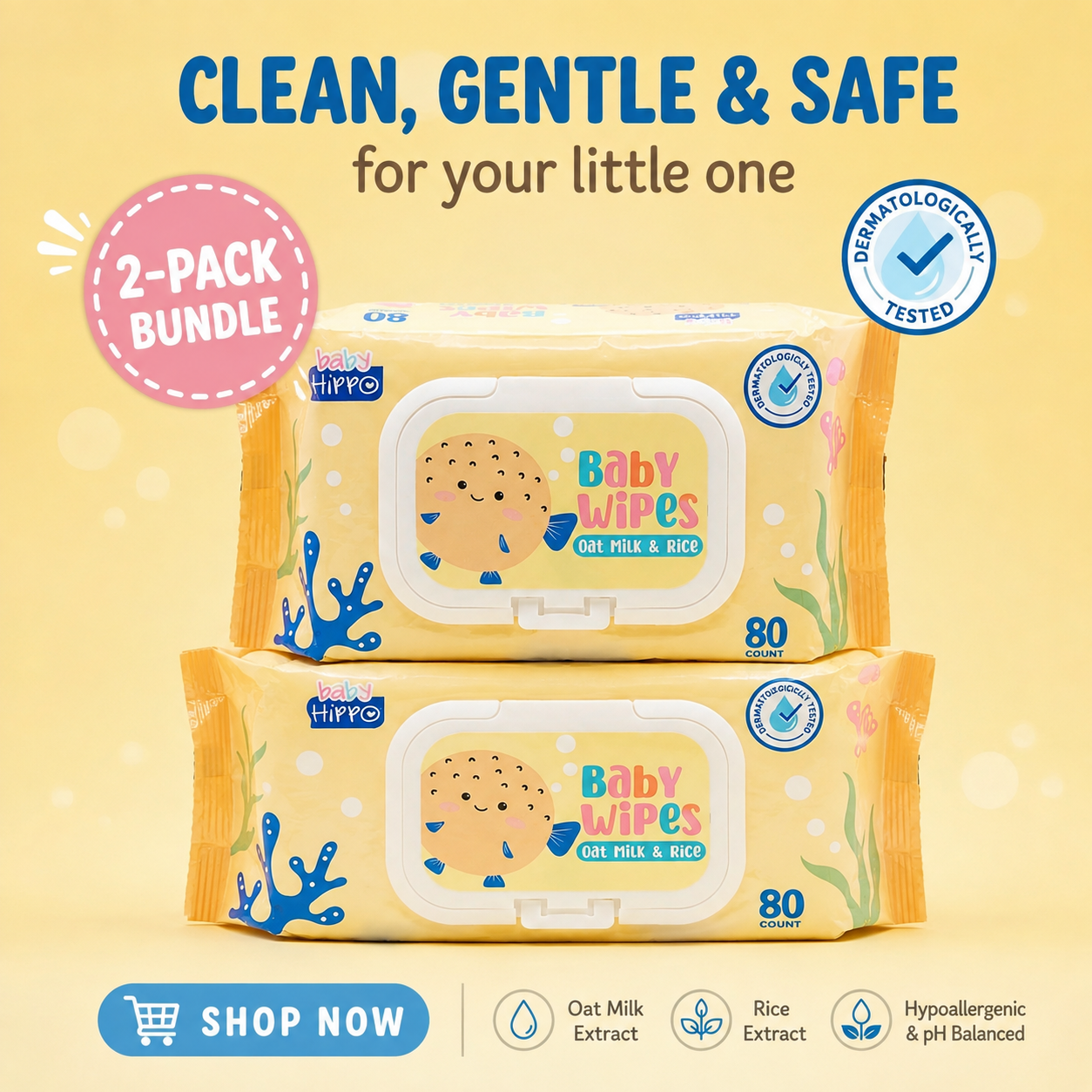 BABY HIPPO BABY WIPES 2X80S OAT MILK & RICE