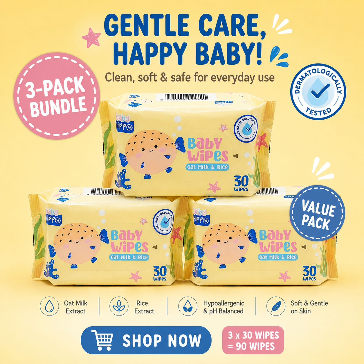 BABY HIPPO BABY WIPES 3X30S OAT MILK & RICE