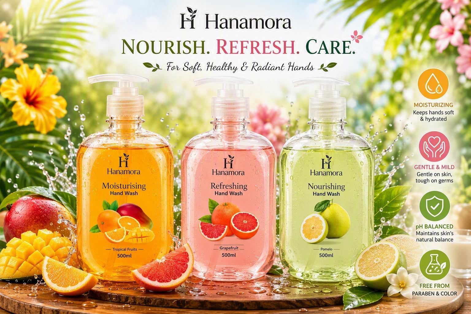 HANAMORA HANDWASH 500ML TROPICALFRUIT / POMELO / GRAPEFRUIT