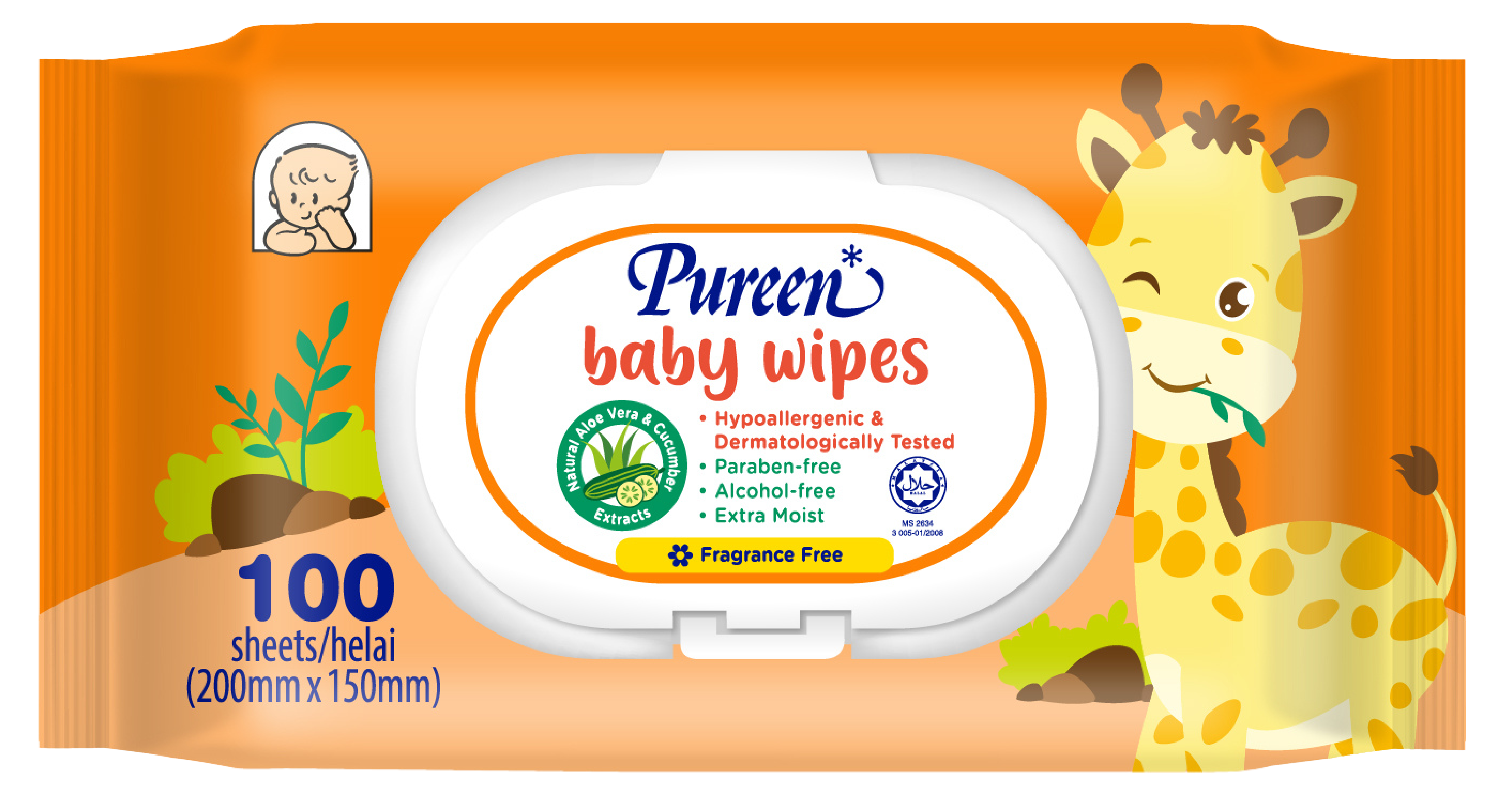 PUREEN 2X100'S BABY WIPES FRAGRANCE FREE