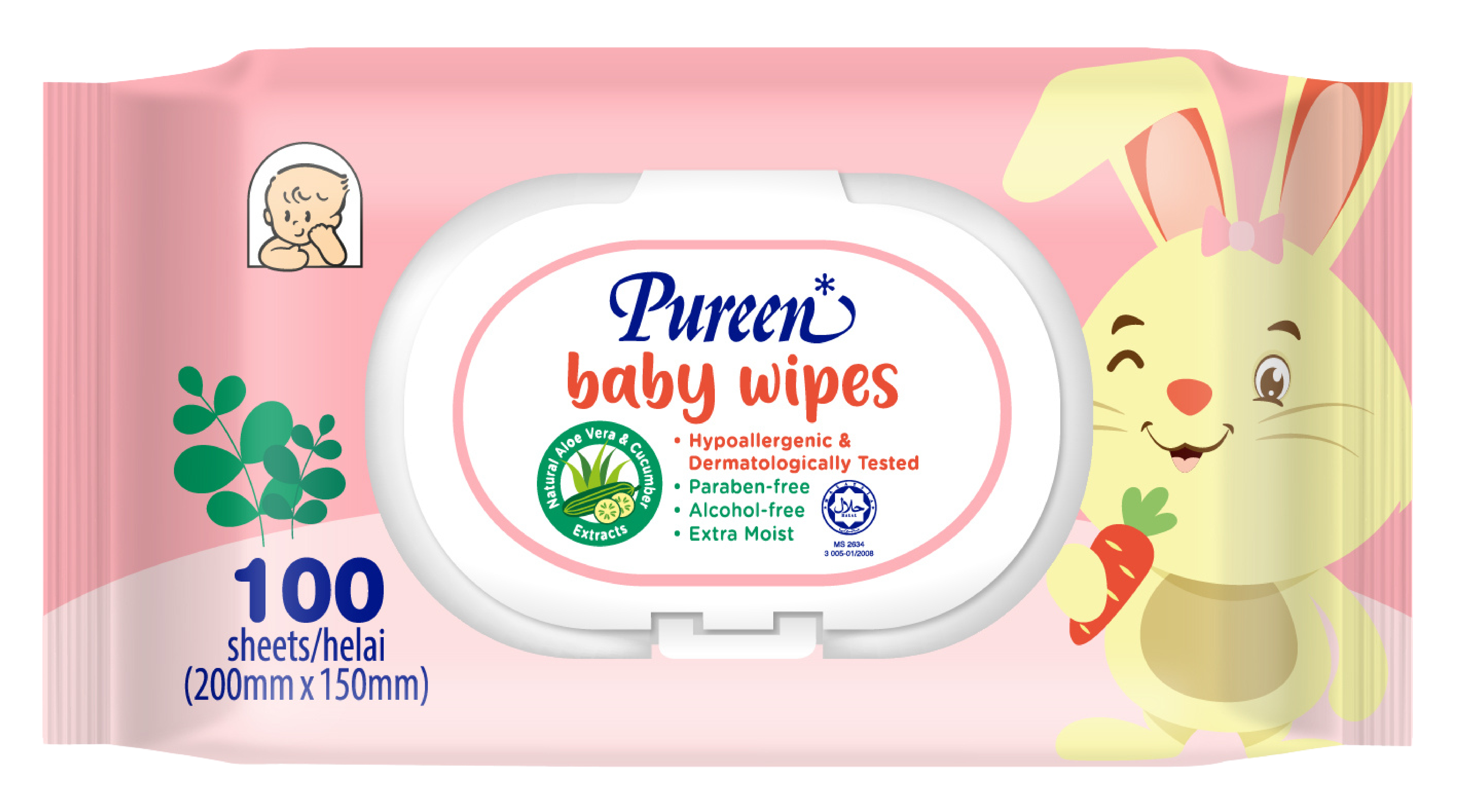 PUREEN 2X100'S BABY WIPES PINK