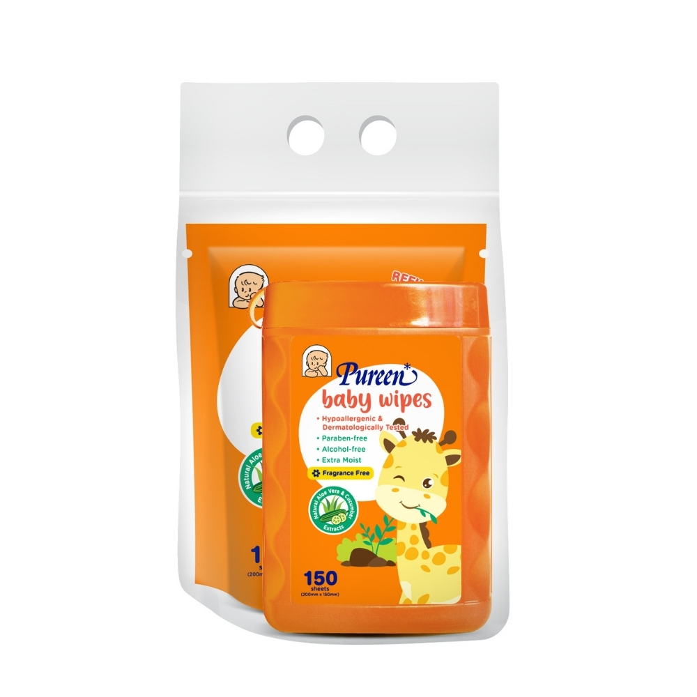 Pureen Baby Wipes 150s Jar + 150s Refill - Orange (Fragrance Free)