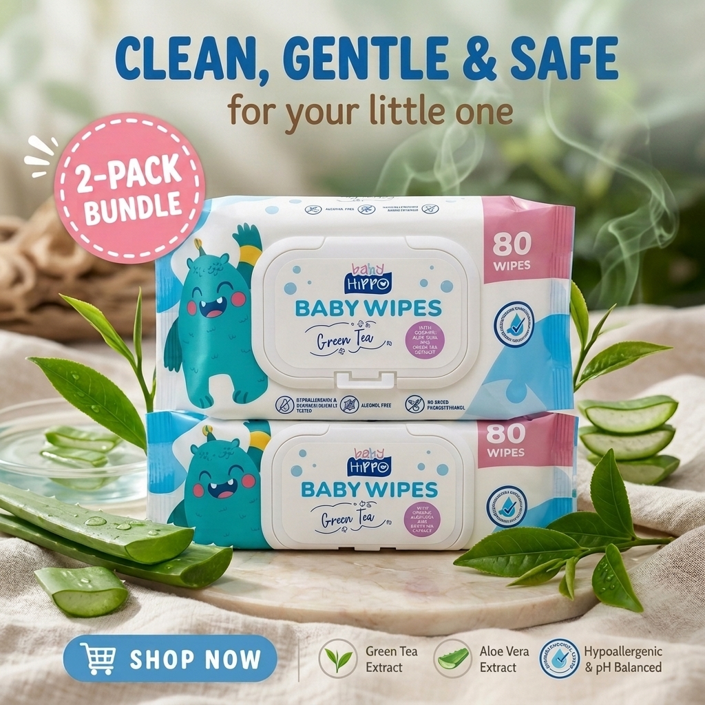 BABY HIPPO BABY WIPES 2X80S GREEN TEA
