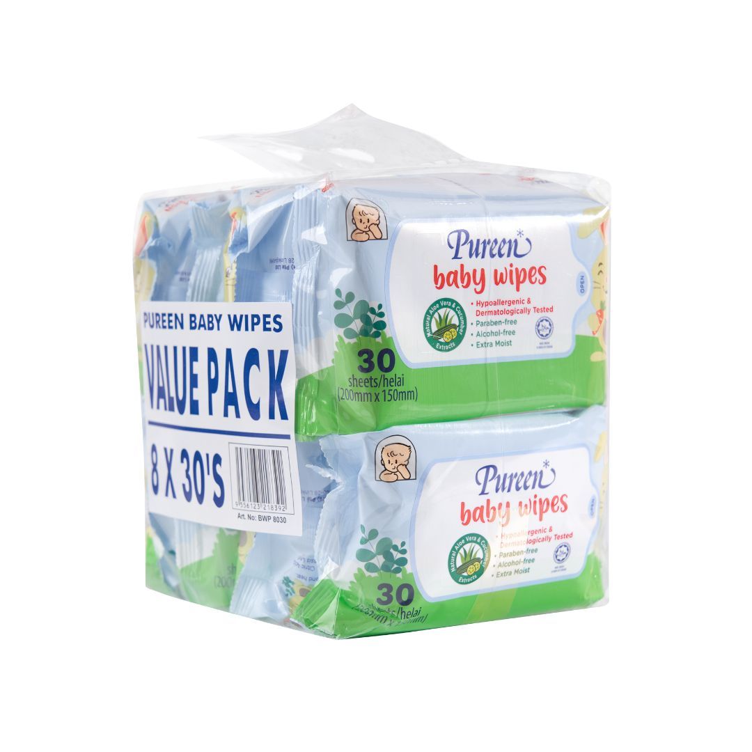 PUREEN 8X30'S BABY WIPES FRAGRANCE FREE