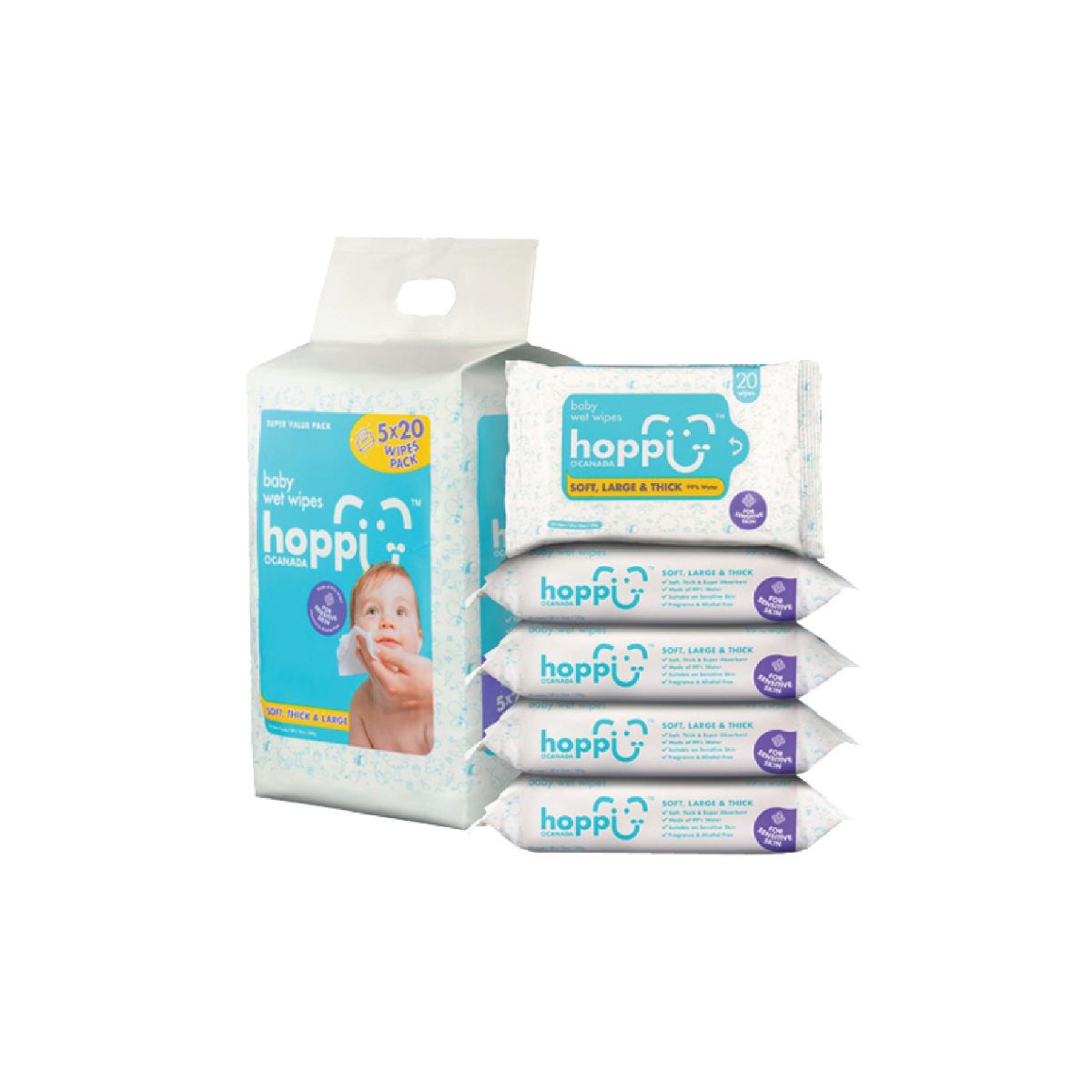 Hoppi 5-In-1 Bundle Pack Baby Wet Wipes (20 sheet x 5)