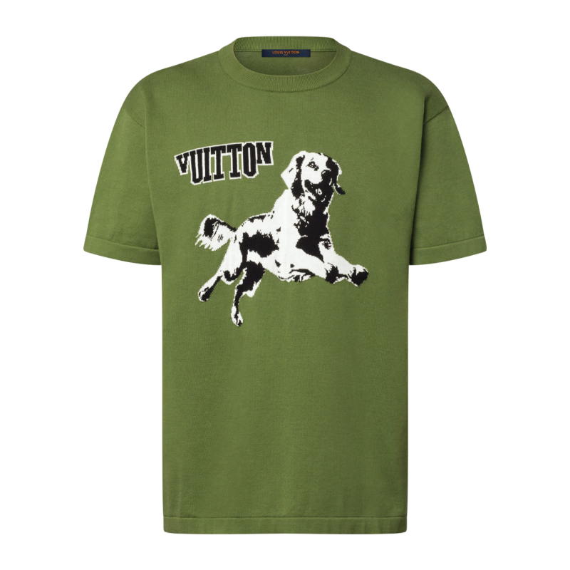 LV/ルイ・ヴィトンの男性用ニット・オーガニックコットン・リブカラー・犬の刺繍ジャカード・ショートスリーブ・新作