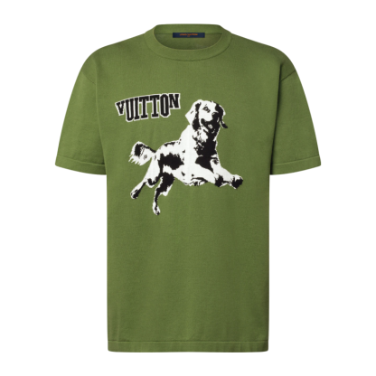 LV/ルイ・ヴィトンの男性用ニット・オーガニックコットン・リブカラー・犬の刺繍ジャカード・ショートスリーブ・新作