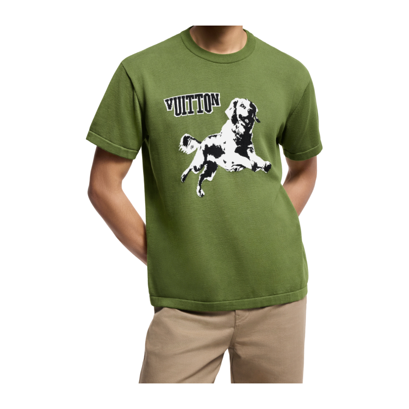 LV/ルイ・ヴィトンの男性用ニット・オーガニックコットン・リブカラー・犬の刺繍ジャカード・ショートスリーブ・新作