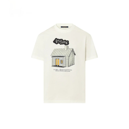 LV ルイヴィトン メンズ ホワイト LV ハウス プリント ラウンド 半袖 Tシャツ