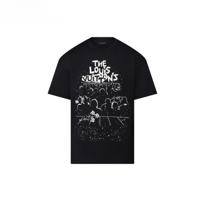 LV ルイヴィトン メンズ LV コンサート プリント ラウンドネック 半袖 ブラック Tシャツ