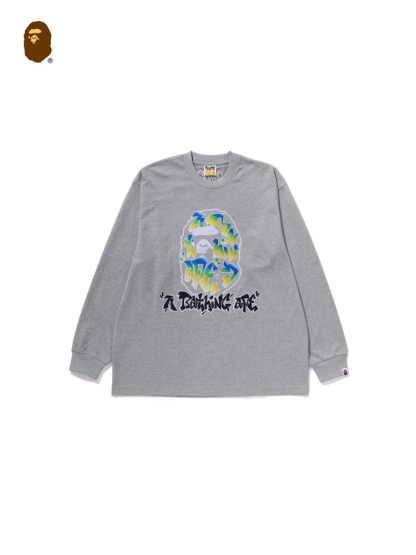 BAPE メンズ 秋冬 グラデーションカラー グラフィティ 猿頭 文字柄 長袖 Tシャツ