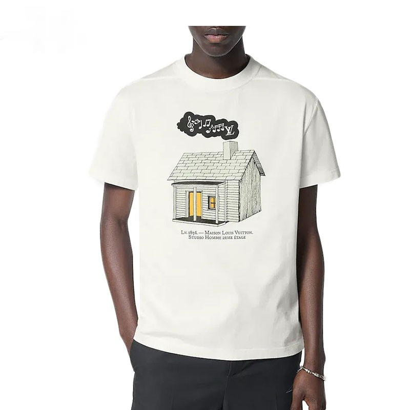 LV ルイヴィトン メンズ ホワイト LV ハウス プリント ラウンド 半袖 Tシャツ
