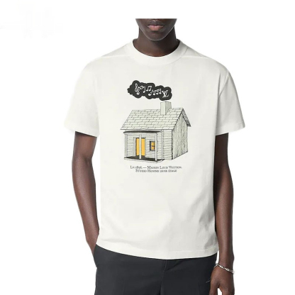 LV ルイヴィトン メンズ ホワイト LV ハウス プリント ラウンド 半袖 Tシャツ