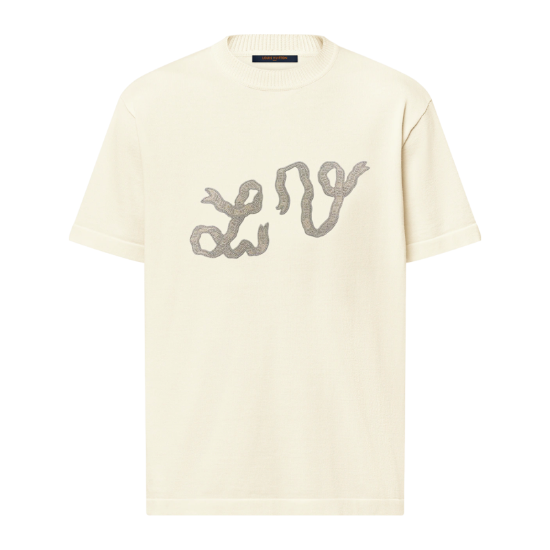 LV/ルイ・ヴィトン メンズ Tシャツ 胸元にリボン刺繍、リブ襟、コットンカジュアル新スタイル
