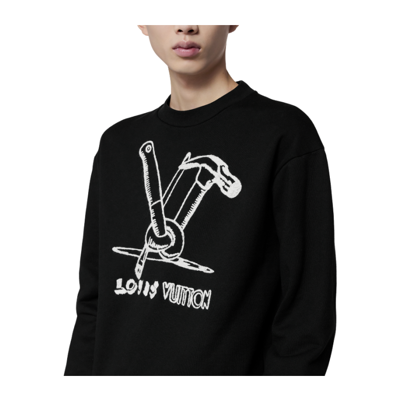 LV/ルイ・ヴィトン メンズ 手描きロゴ ソフト刺繍 ラウンドネック 長袖 コットン スウェットシャツ
