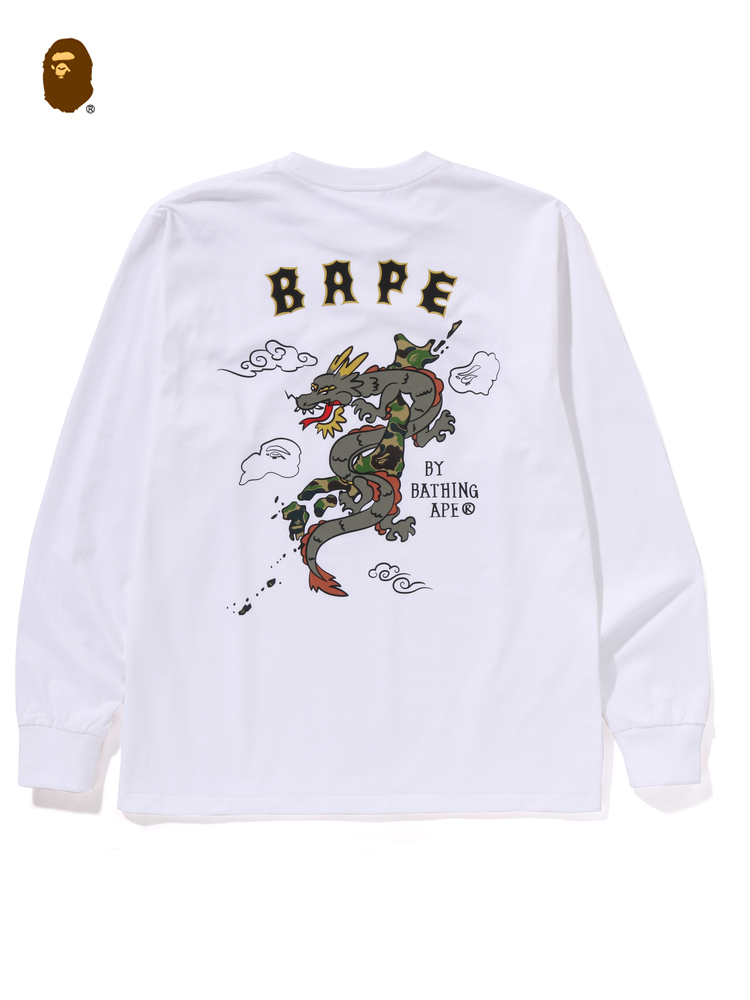 BAPE メンズ 春夏記念版 ドラゴン柄プリント 長袖Tシャツ