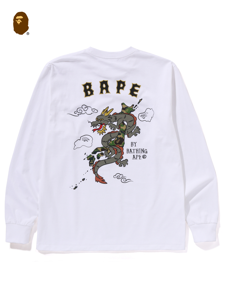 BAPE メンズ 春夏記念版 ドラゴン柄プリント 長袖Tシャツ