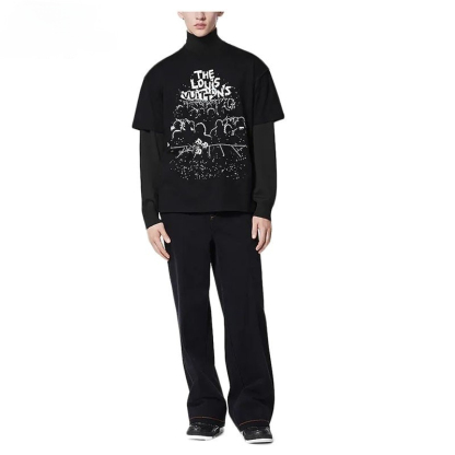 LV ルイヴィトン メンズ LV コンサート プリント ラウンドネック 半袖 ブラック Tシャツ