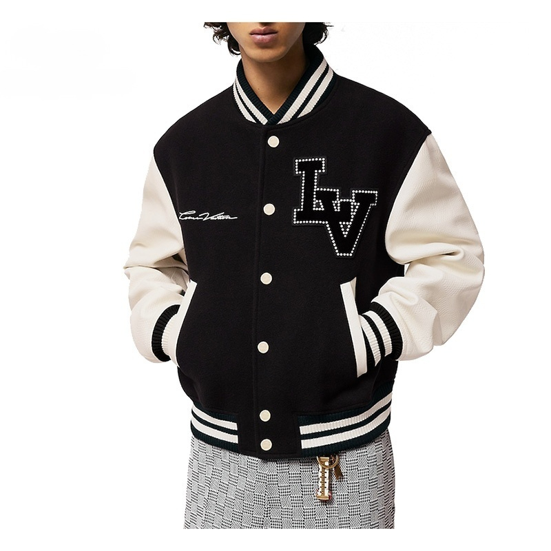 LV/ルイ・ヴィトン メンズ レザートリム フロントポケット 刺繍ビーズ ベースボールウエスト ジャケット