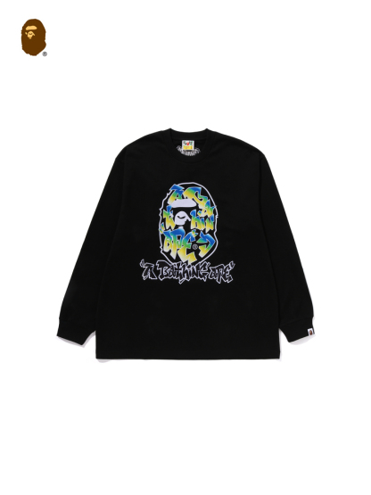 BAPE メンズ 秋冬 グラデーションカラー グラフィティ 猿頭 文字柄 長袖 Tシャツ