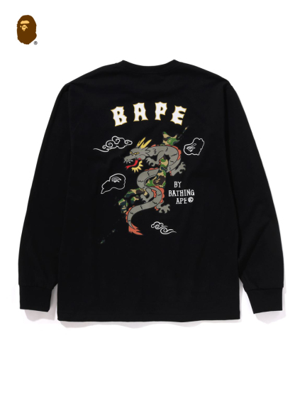BAPE メンズ 春夏記念版 ドラゴン柄プリント 長袖Tシャツ