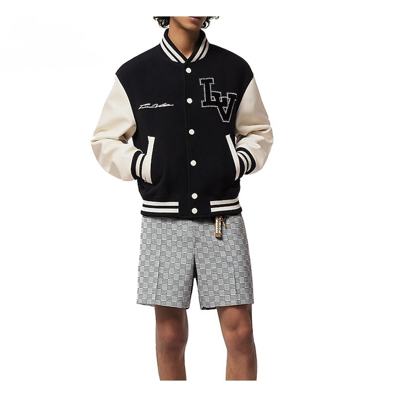 LV/ルイ・ヴィトン メンズ レザートリム フロントポケット 刺繍ビーズ ベースボールウエスト ジャケット