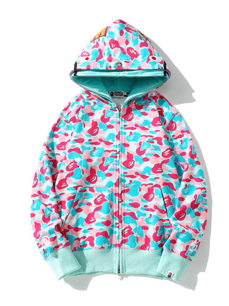 日本のトレンディなブランド BAPE シャーク ヘッド スウェットシャツ男性と女性用マイアミ ダブル フード迷彩刺繍プリント秋冬フード付きジャケット