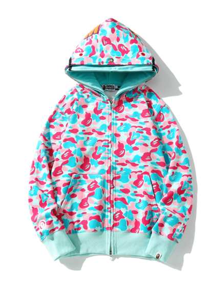 日本のトレンディなブランド BAPE シャーク ヘッド スウェットシャツ男性と女性用マイアミ ダブル フード迷彩刺繍プリント秋冬フード付きジャケット