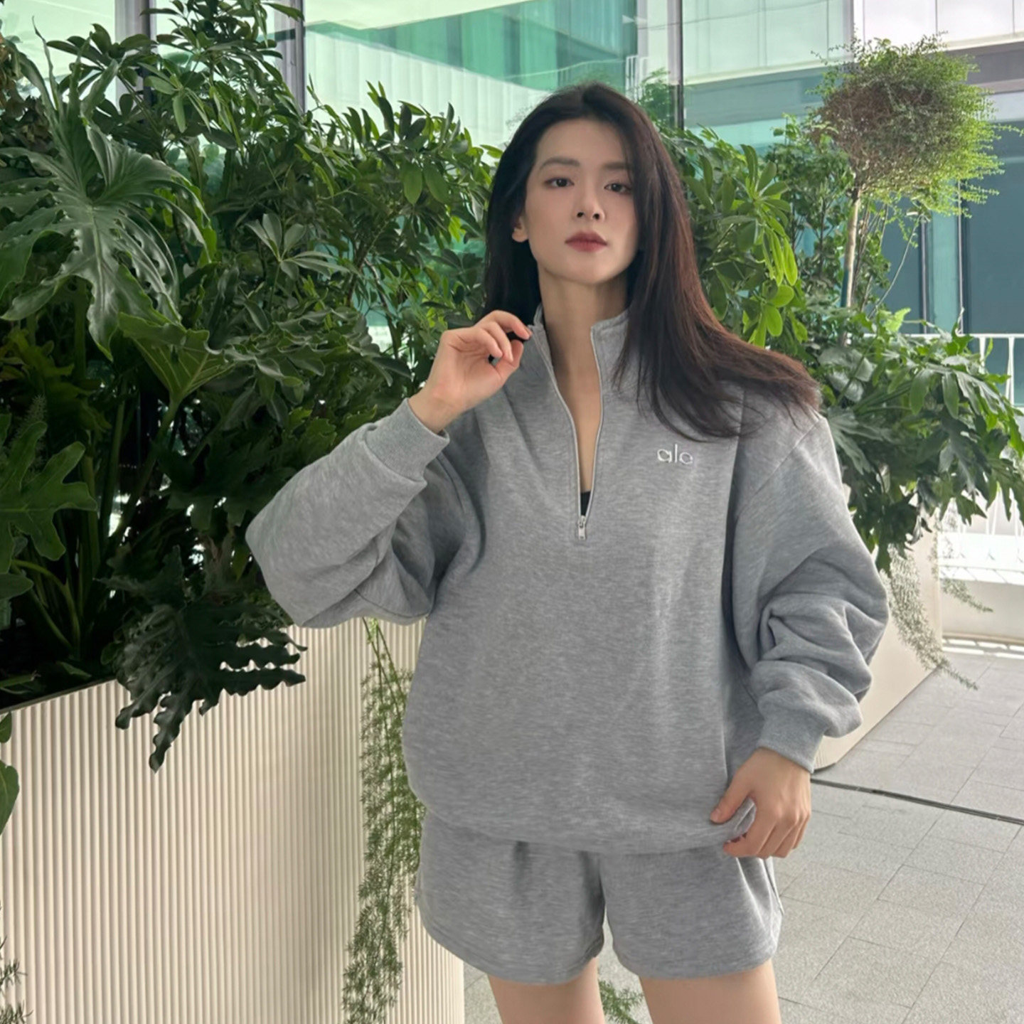 alo 秋冬 立体ロゴ ワッフル裏毛 ハーフジップ メンズスウェット