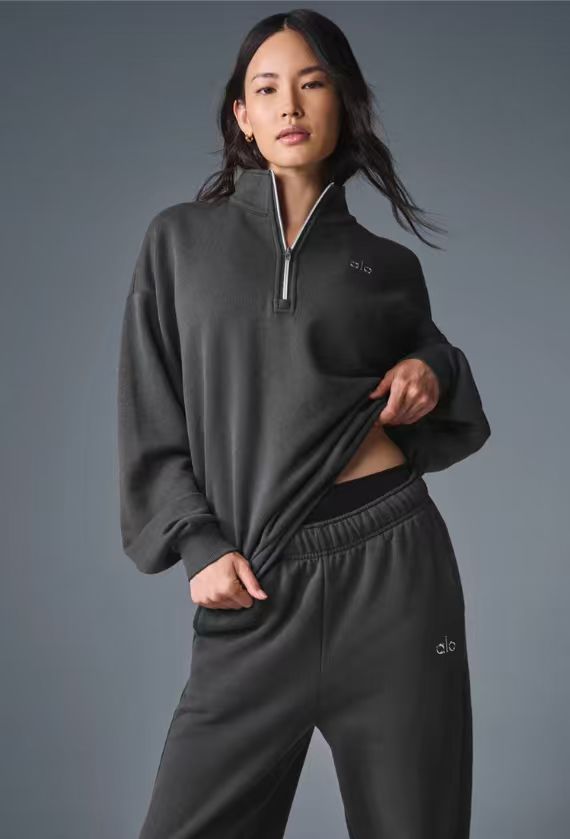 alo 秋冬 立体ロゴ ワッフル裏毛 ハーフジップ メンズスウェット