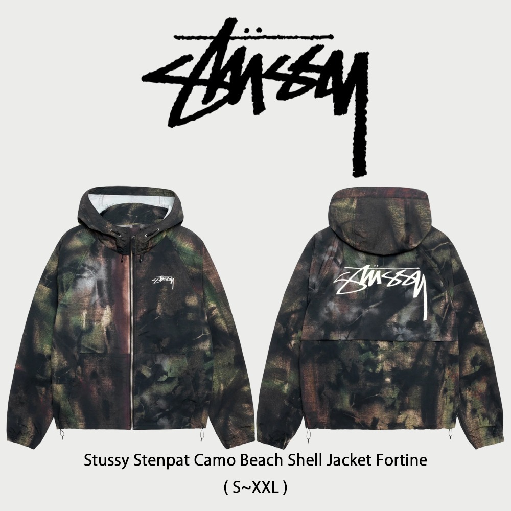 STUSSY BEACH SHELL STENPAT CAMO ナイロンジャケット  ブラック カモ シェルジャケット 