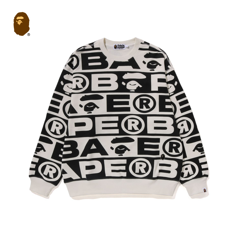 BAPE メンズ 秋冬 総柄 エイプレター トレードマーク柄 ラウンドネック スウェットシャツ
