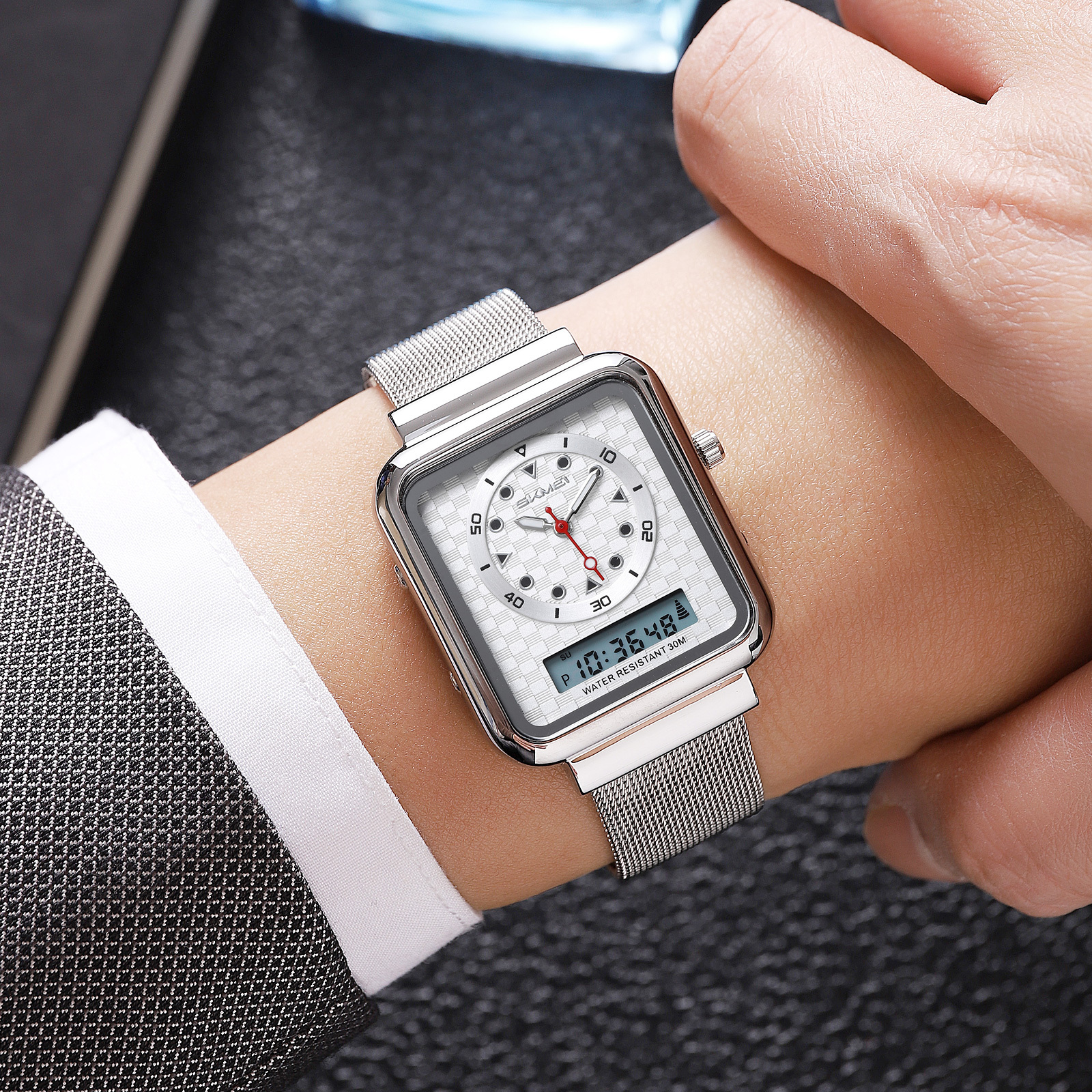 Moment beauty steel band watch men's electronic watch multifunctional business double-display electronic watch  