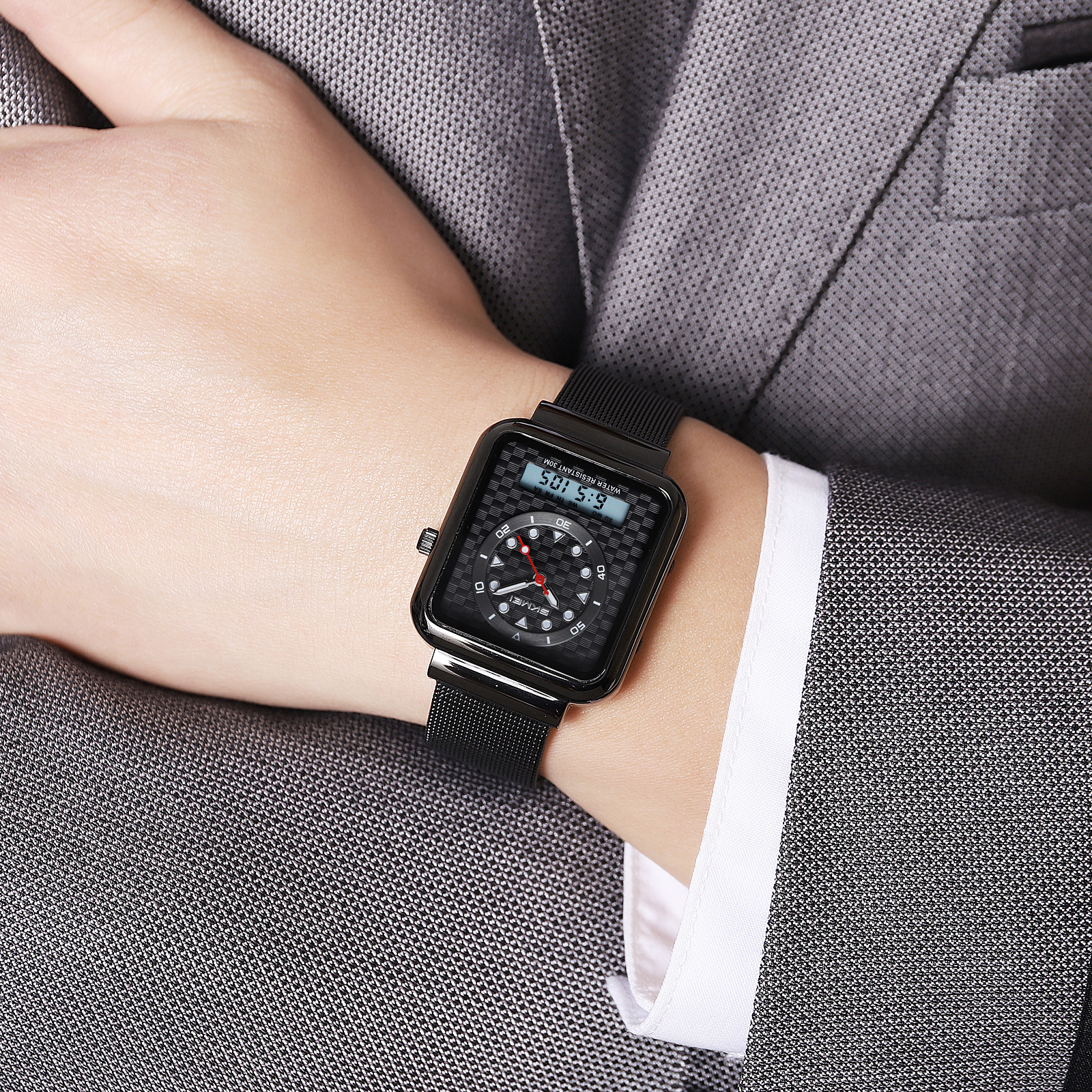 Moment beauty steel band watch men's electronic watch multifunctional business double-display electronic watch  