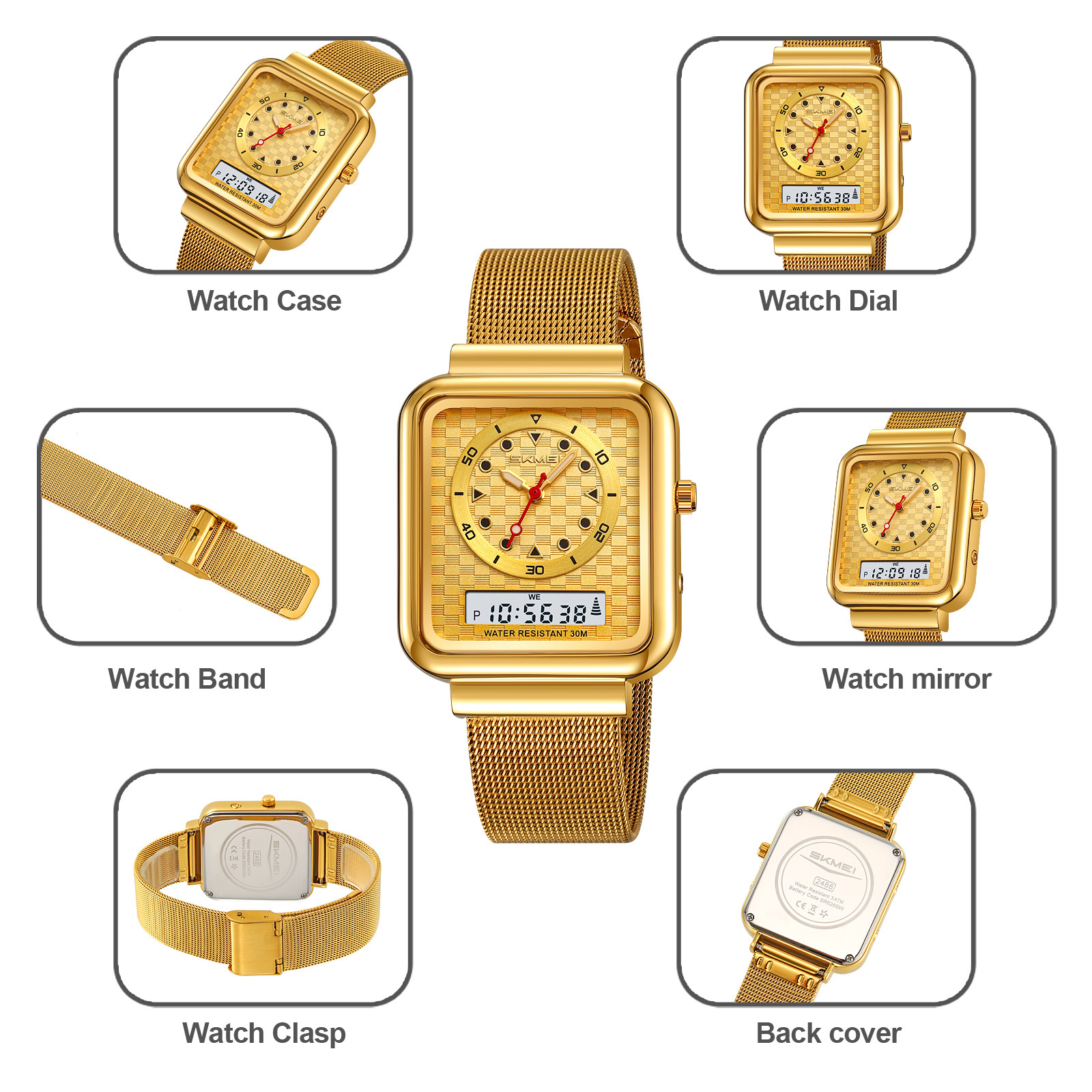 Moment beauty steel band watch men's electronic watch multifunctional business double-display electronic watch  