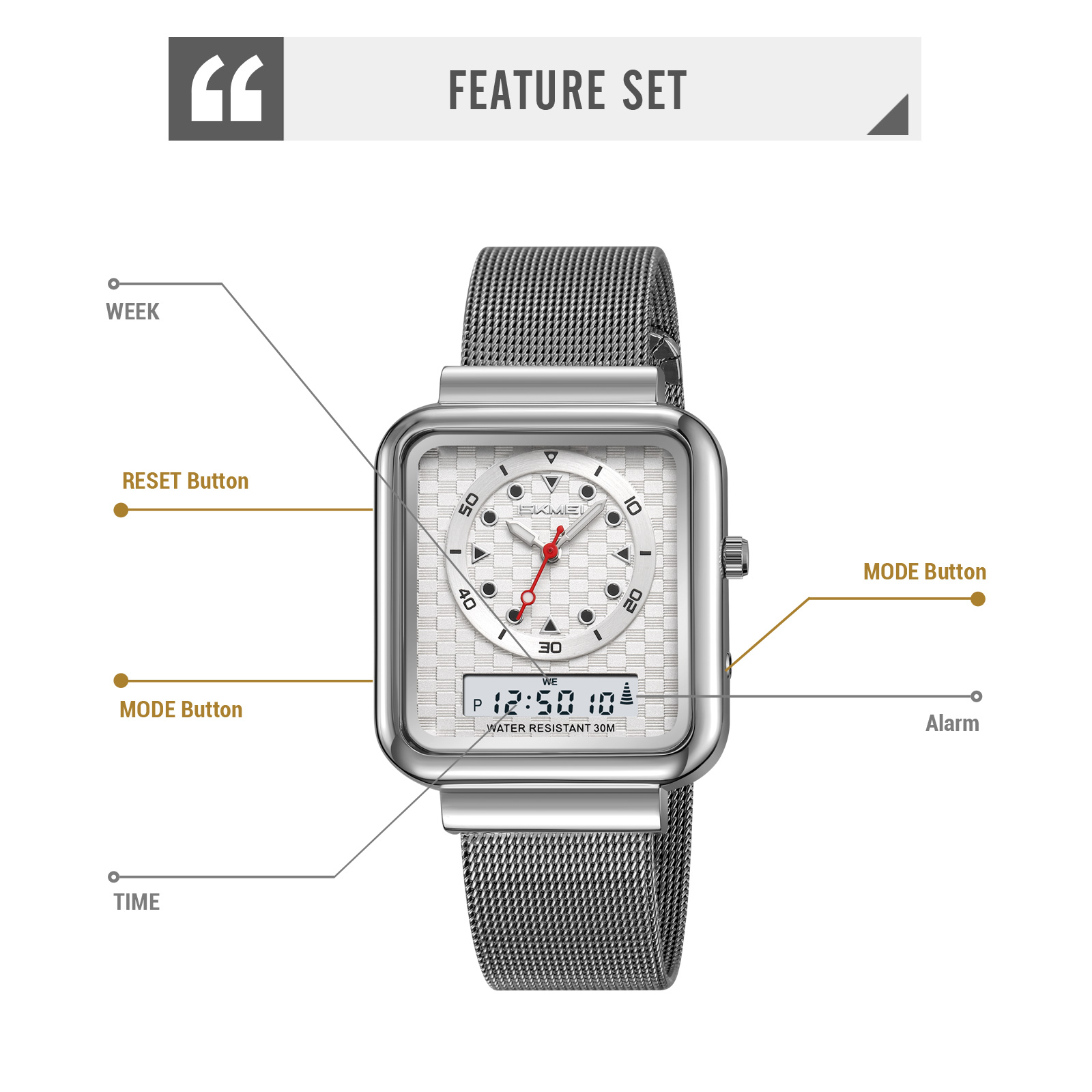 Moment beauty steel band watch men's electronic watch multifunctional business double-display electronic watch  