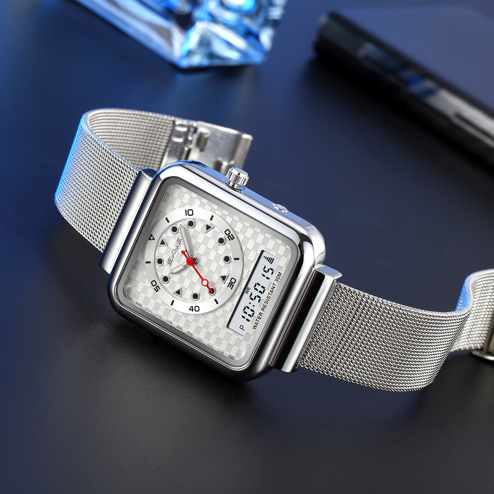 Moment beauty steel band watch men's electronic watch multifunctional business double-display electronic watch  