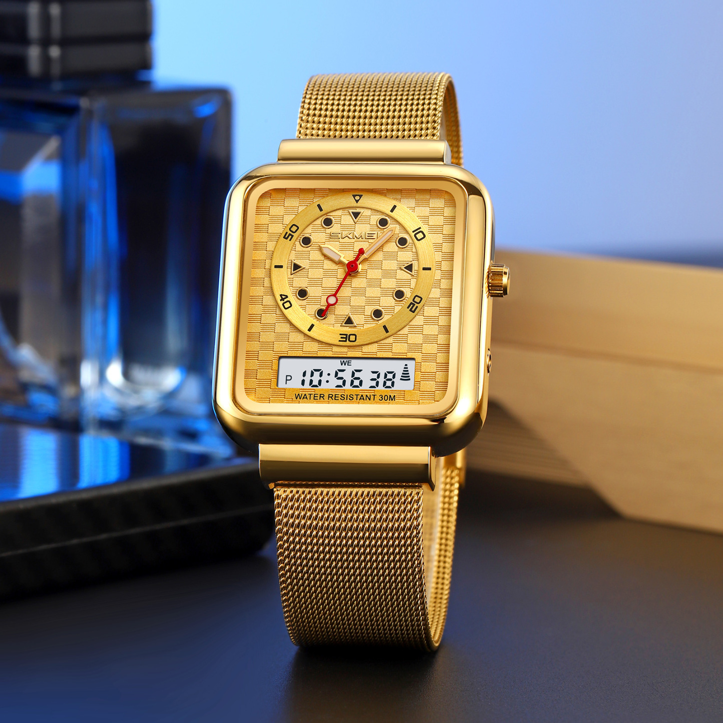 Moment beauty steel band watch men's electronic watch multifunctional business double-display electronic watch  