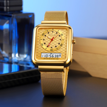 Moment beauty steel band watch men's electronic watch multifunctional business double-display electronic watch  