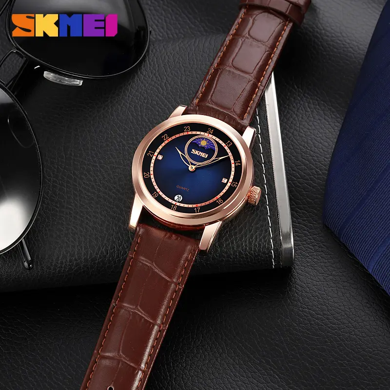 Sunburst dial moon phase star quartz watch Men's fashion waterproof calendar belt watch